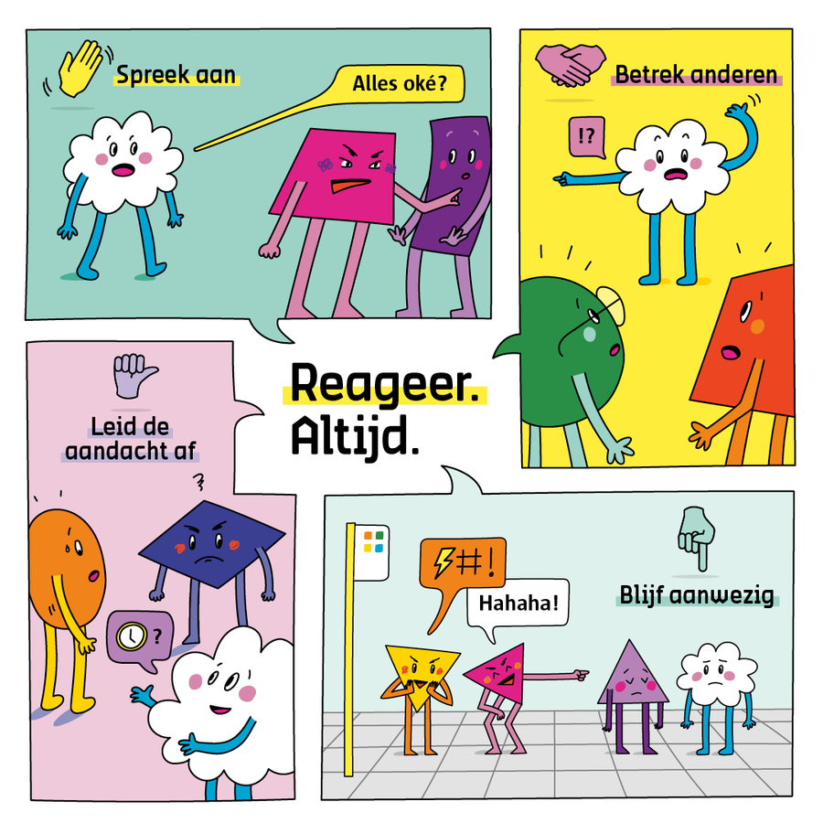 Reageer altijd. Spreek aan, betrek anderen, blijf aanwezig of zorg voor afleiding. Reageer altijd. Spreek aan, betrek anderen, blijf aanwezig of zorg voor afleiding.